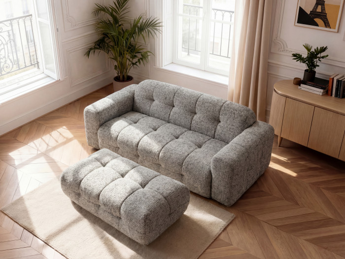 Canapé droit fixe 3 places LAURA tissu chiné avec grand pouf