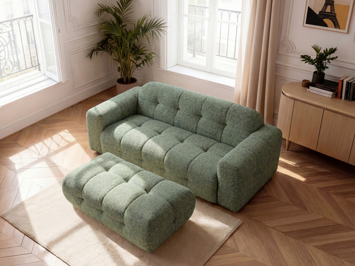 Canapé droit fixe 3 places LAURA tissu chiné avec grand pouf