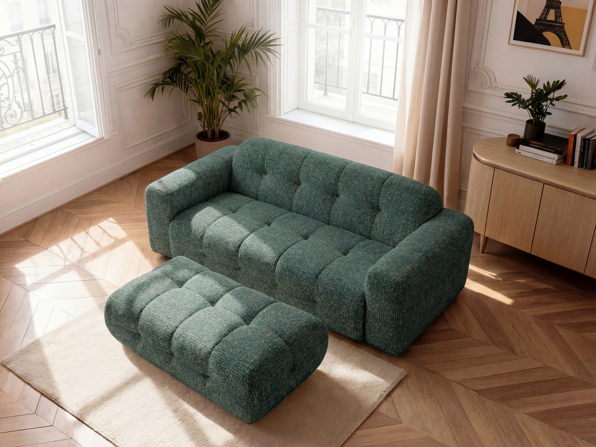 Canapé droit fixe 3 places LAURA tissu chiné avec grand pouf
