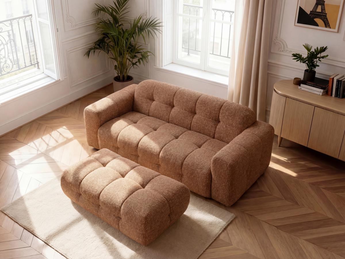 Canapé droit fixe 3 places LAURA tissu chiné avec grand pouf