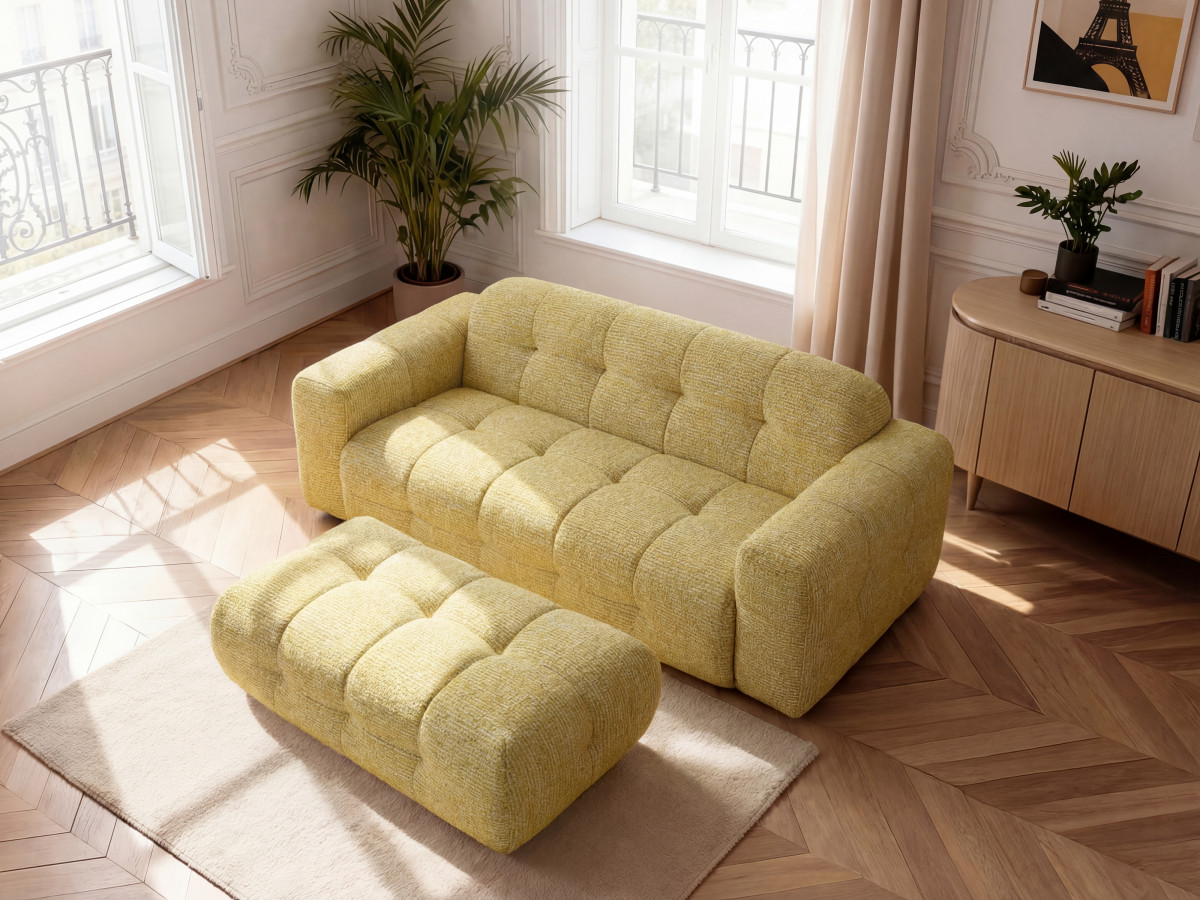 Canapé droit 3 places LAURA chiné avec grand pouf jaune — vue 4