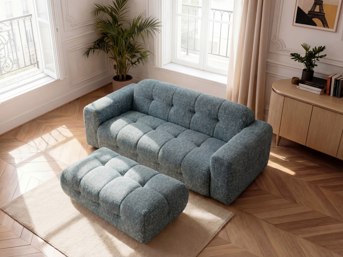Canapé droit fixe 3 places LAURA tissu chiné avec grand pouf