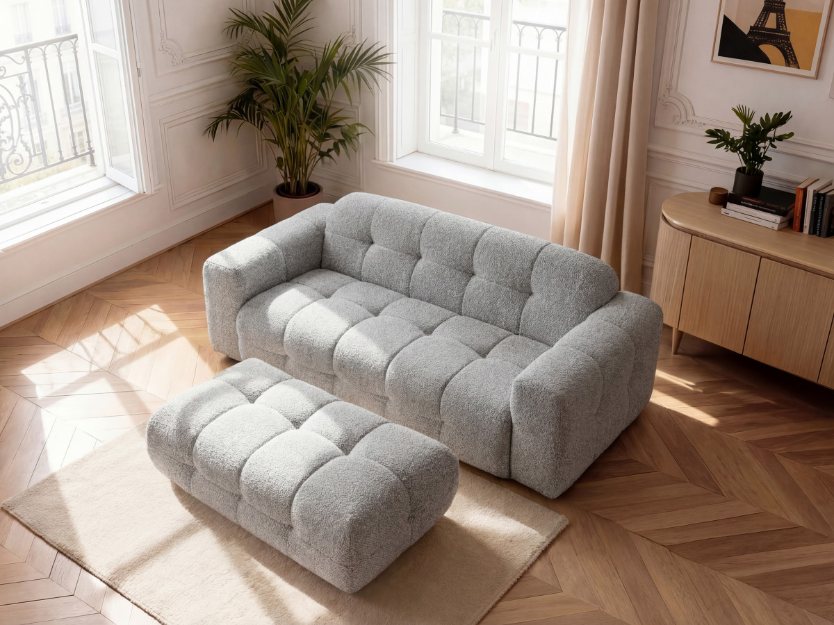 Canapé droit fixe 3 places LAURA tissu chiné avec grand pouf