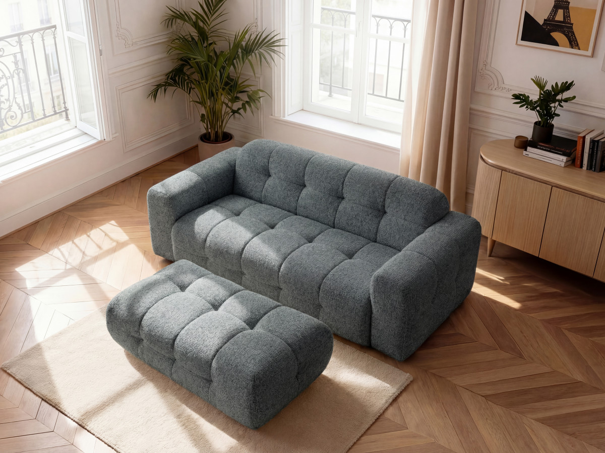 Canapé droit fixe 3 places LAURA tissu chiné avec grand pouf