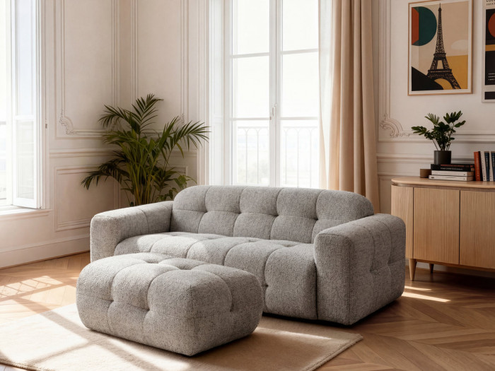 Canapé droit fixe 3 places LAURA tissu chiné avec petit pouf