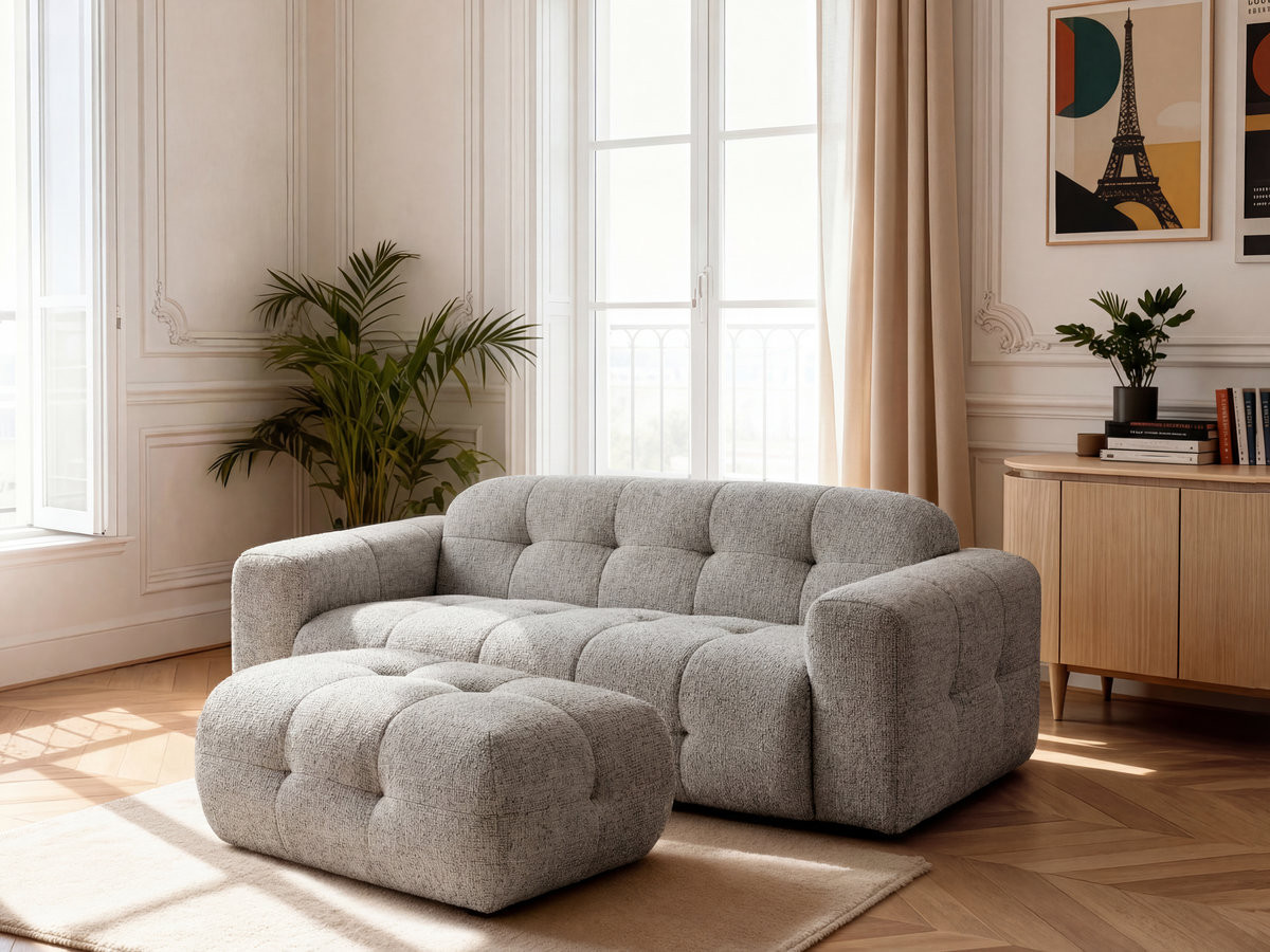 Canapé droit fixe 3 places LAURA tissu chiné avec petit pouf