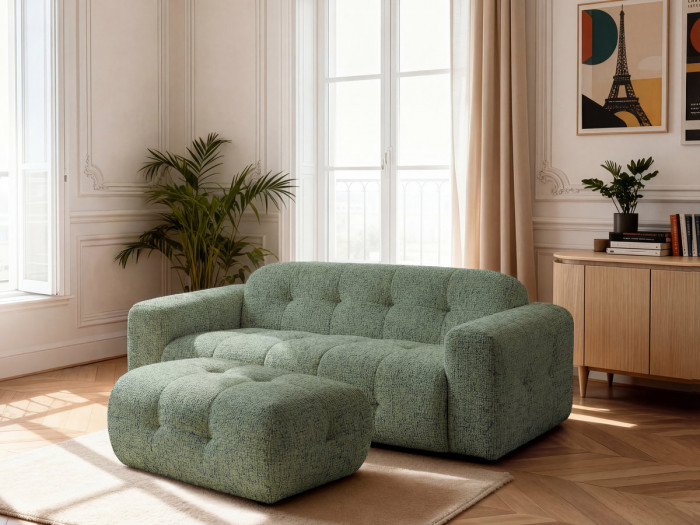 Canapé droit fixe 3 places LAURA tissu chiné avec petit pouf