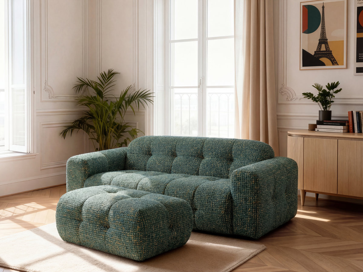 Canapé droit fixe 3 places LAURA tissu chiné avec petit pouf