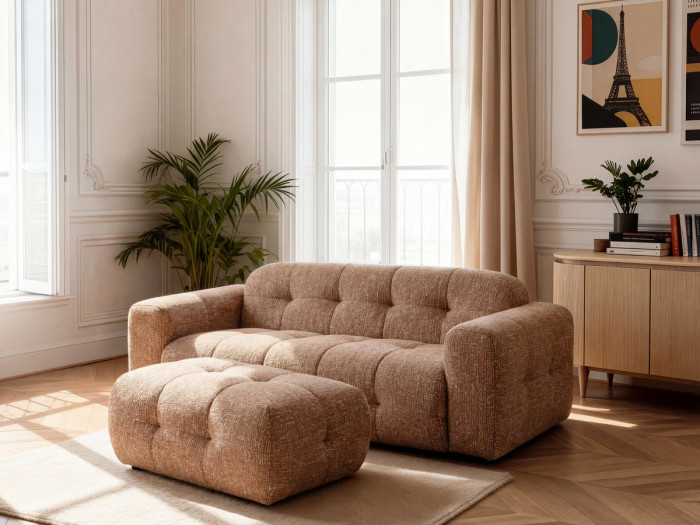 Canapé droit fixe 3 places LAURA tissu chiné avec petit pouf