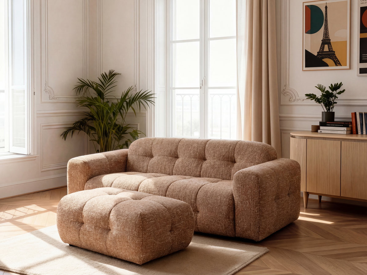 Canapé droit 3 places LAURA chiné avec petit pouf orange