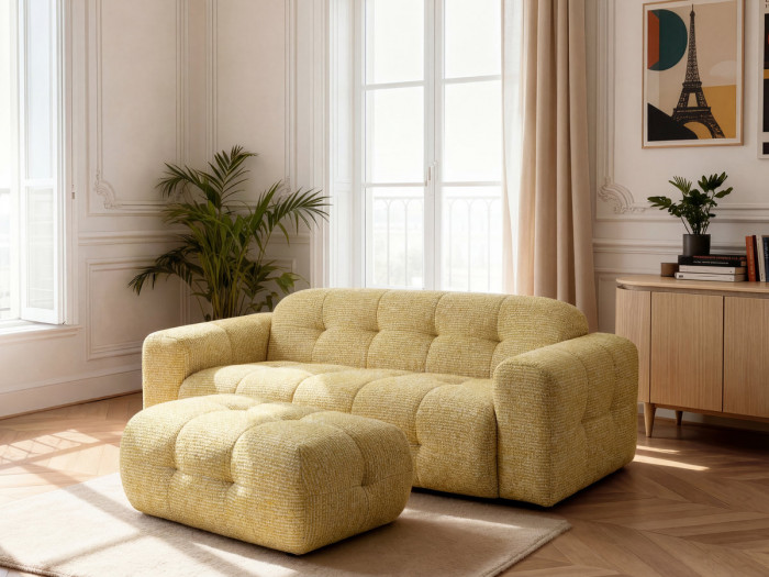 Canapé droit fixe 3 places LAURA tissu chiné avec petit pouf