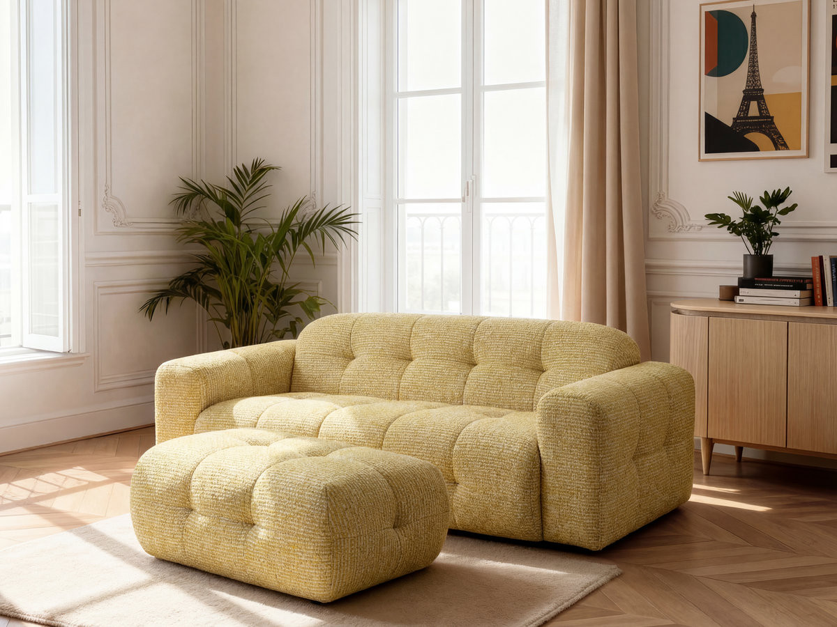 Canapé droit 3 places LAURA chiné avec petit pouf jaune