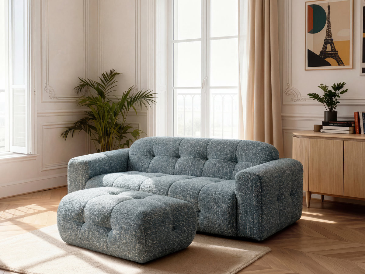 Canapé droit fixe 3 places LAURA tissu chiné avec petit pouf