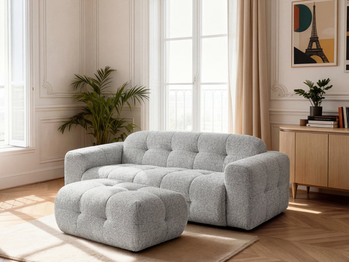 Canapé droit 3 places LAURA chiné avec petit pouf gris clair