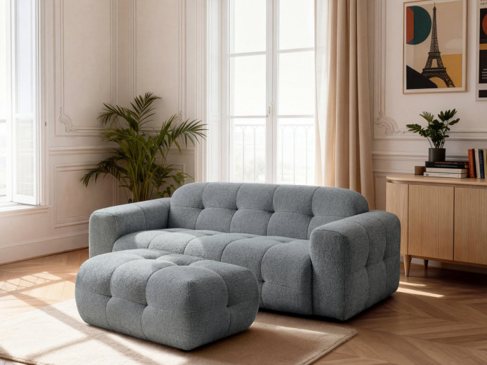 Canapé droit fixe 3 places LAURA tissu chiné avec petit pouf