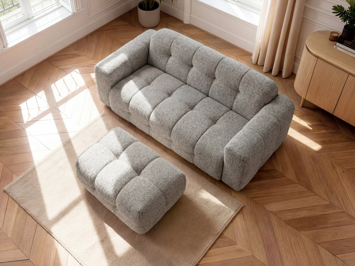 Canapé droit fixe 3 places LAURA tissu chiné avec petit pouf