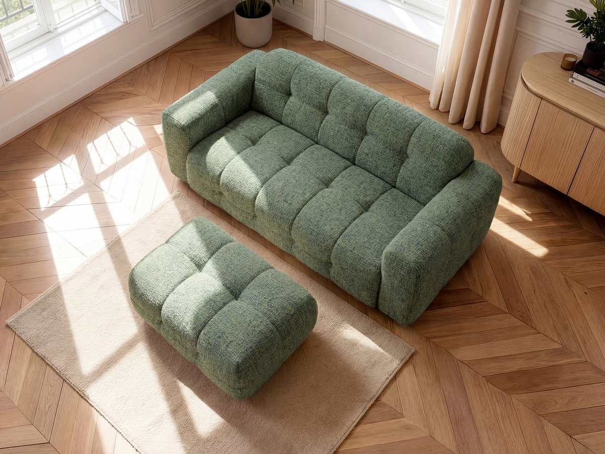 Canapé droit 3 places LAURA chiné avec petit pouf vert clair — vue 4