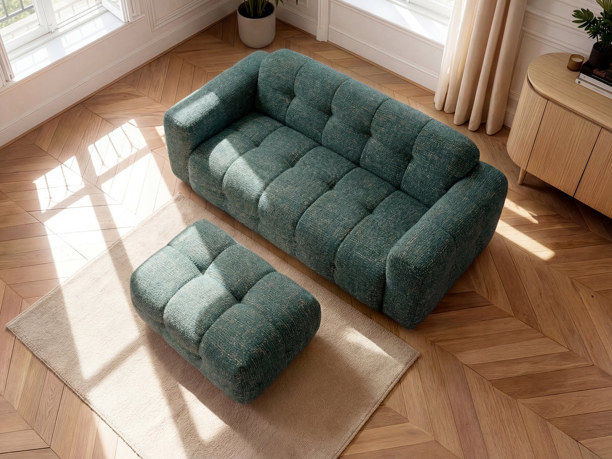 Canapé droit fixe 3 places LAURA tissu chiné avec petit pouf