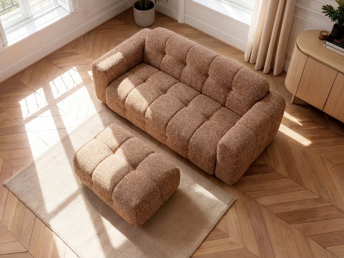 Canapé droit 3 places LAURA chiné avec petit pouf orange — vue 4