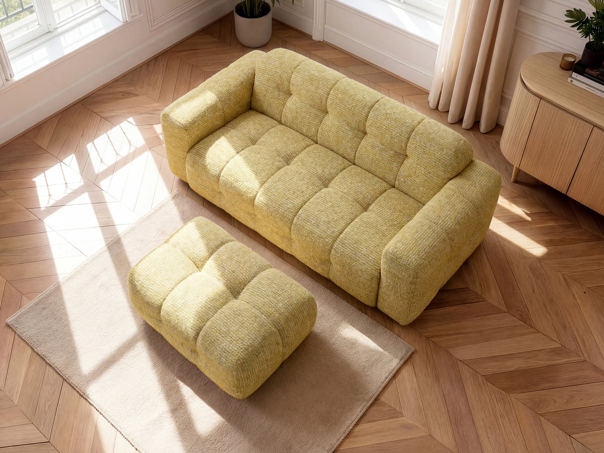 Canapé droit fixe 3 places LAURA tissu chiné avec petit pouf