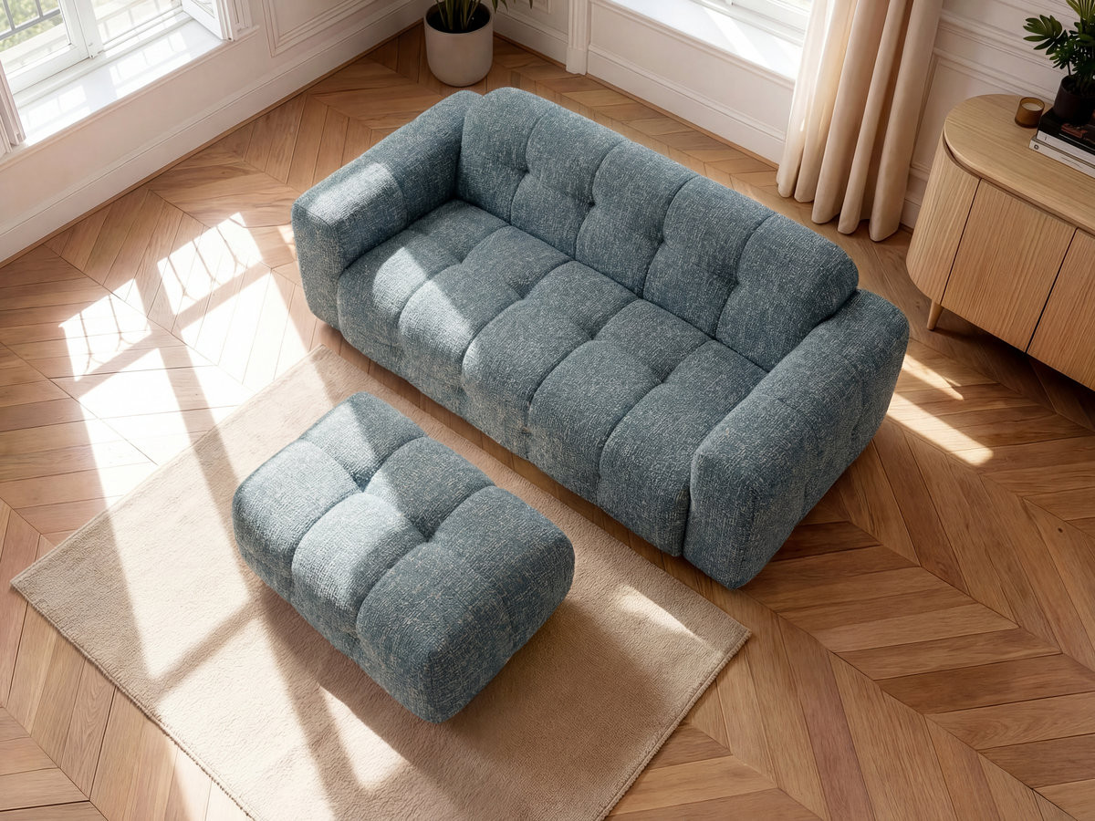 Canapé droit fixe 3 places LAURA tissu chiné avec petit pouf