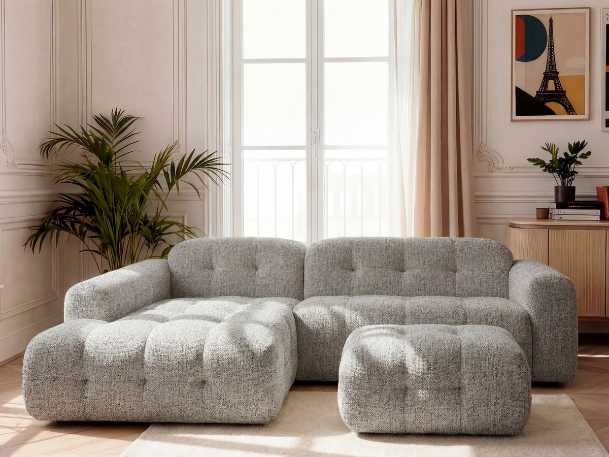 LAURA vaste hoekbank in gemęleerde stof met kleine poef