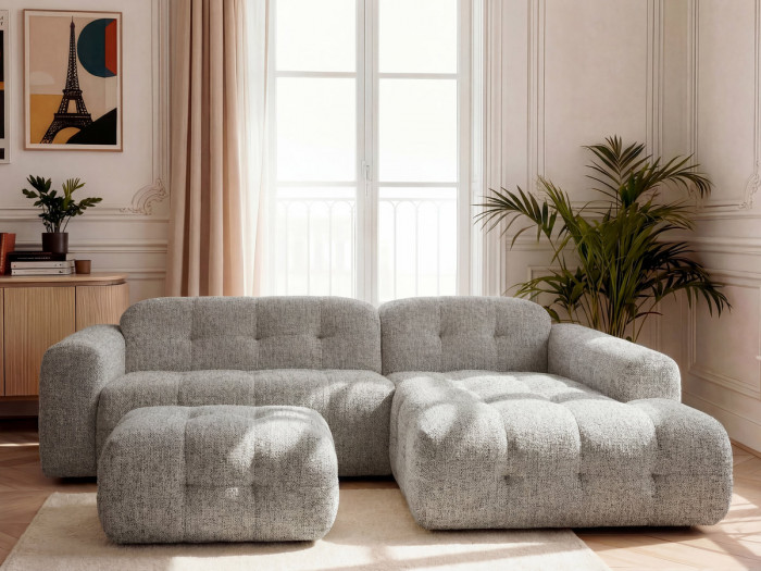 Canapé d'angle fixe LAURA tissu chiné avec petit pouf