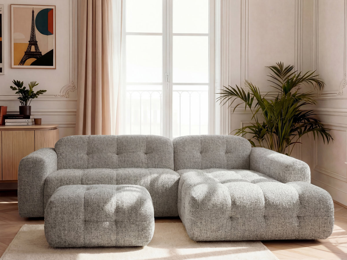LAURA vaste hoekbank in gemęleerde stof met kleine poef