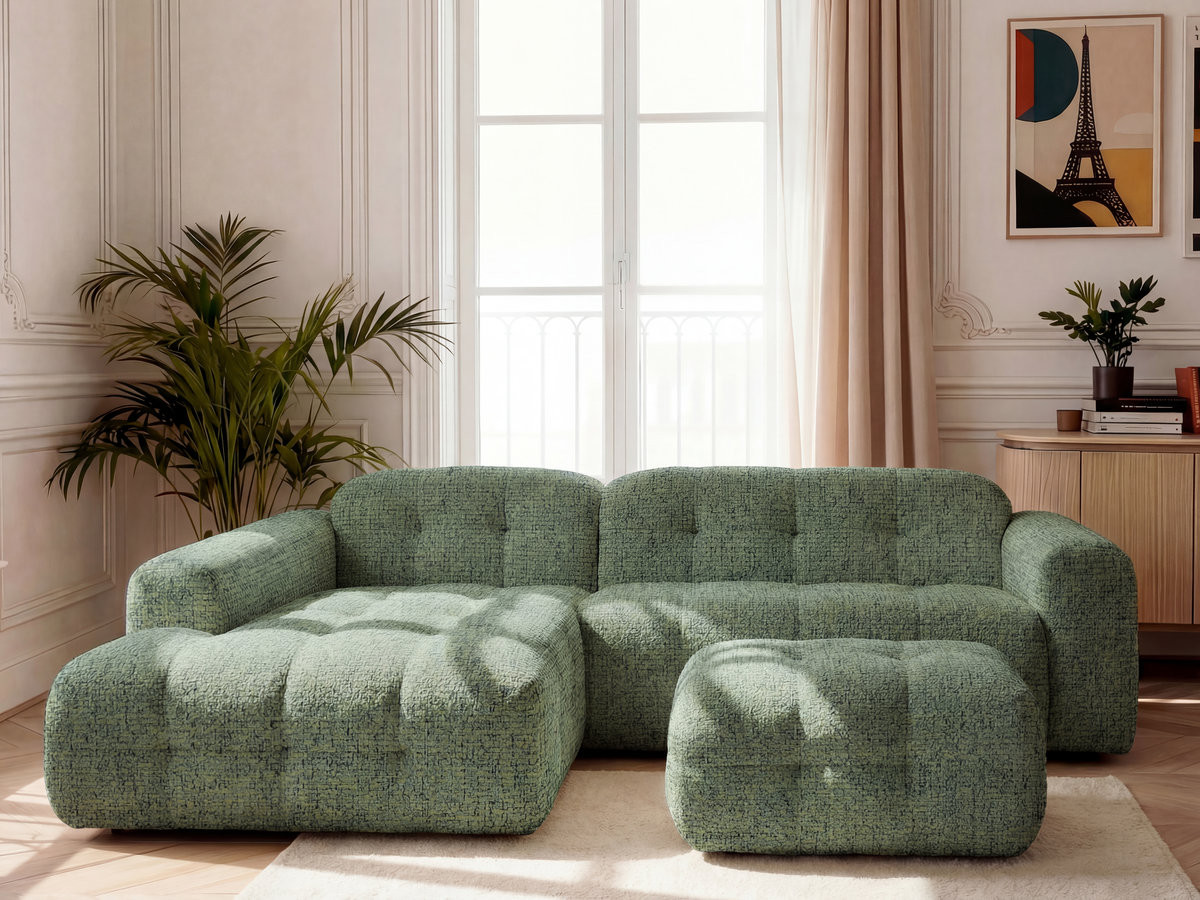 LAURA vaste hoekbank in gemęleerde stof met kleine poef