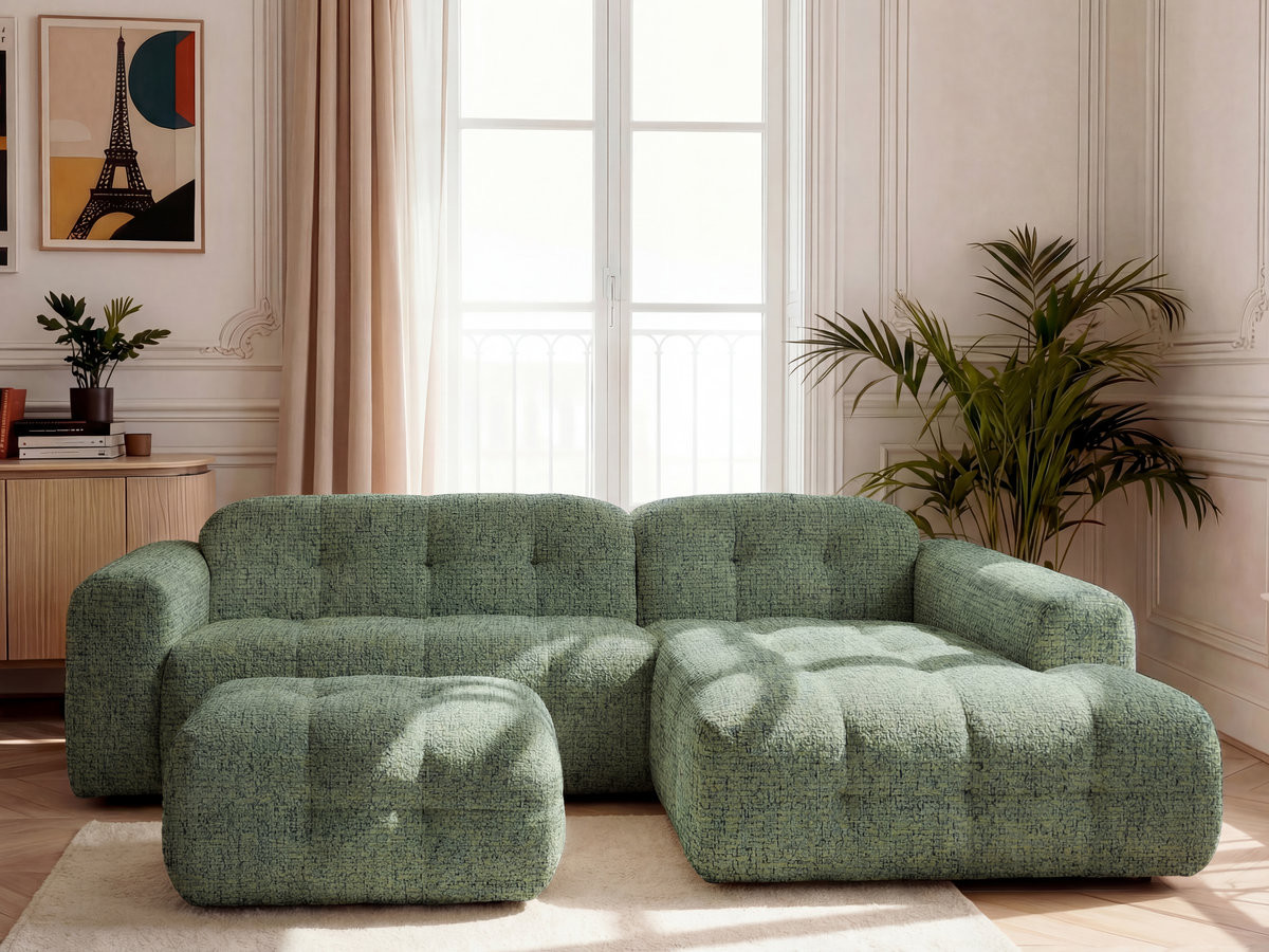 Canapé d'angle LAURA chiné avec petit pouf vert clair