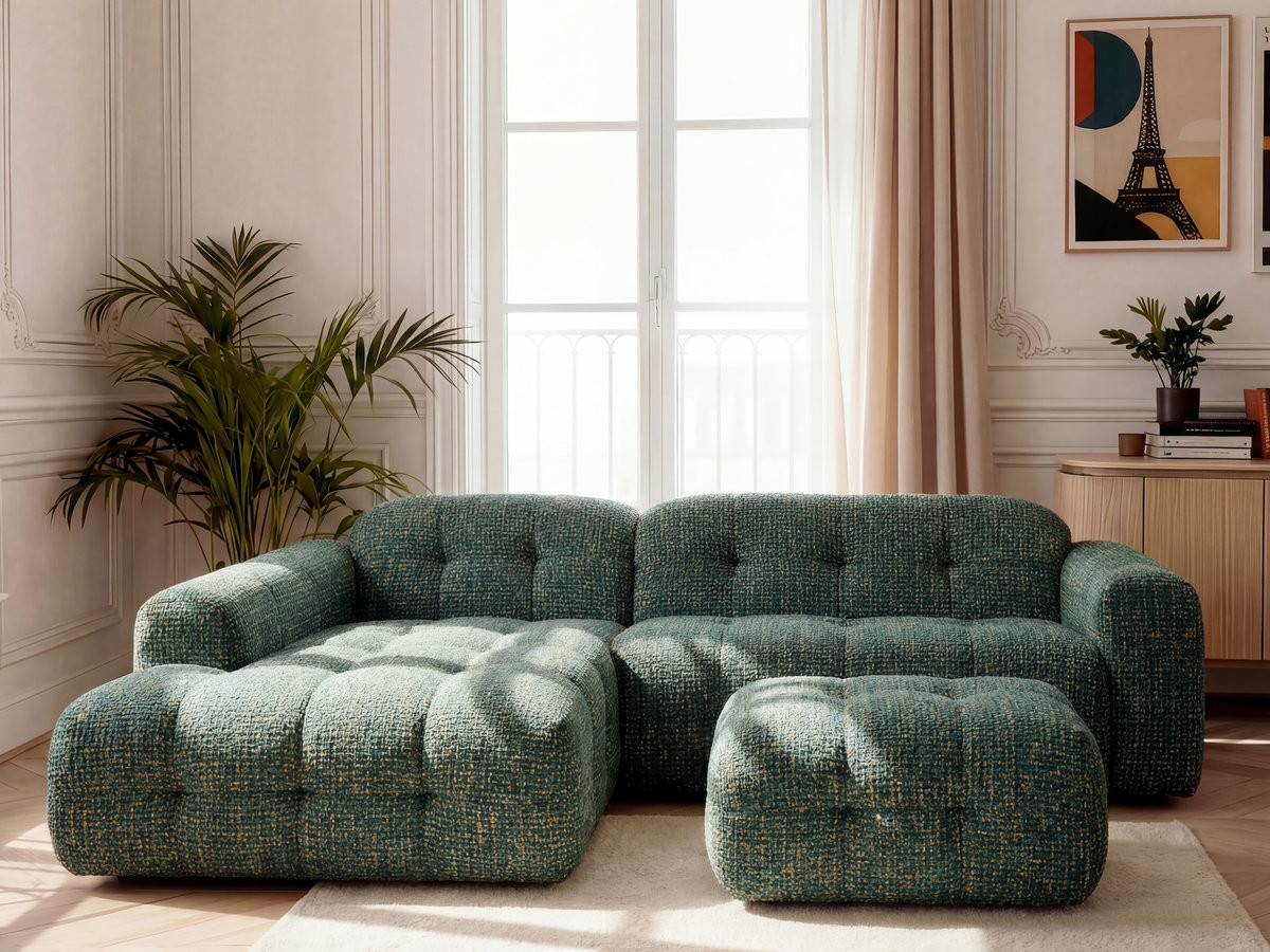 LAURA vaste hoekbank in gemęleerde stof met kleine poef