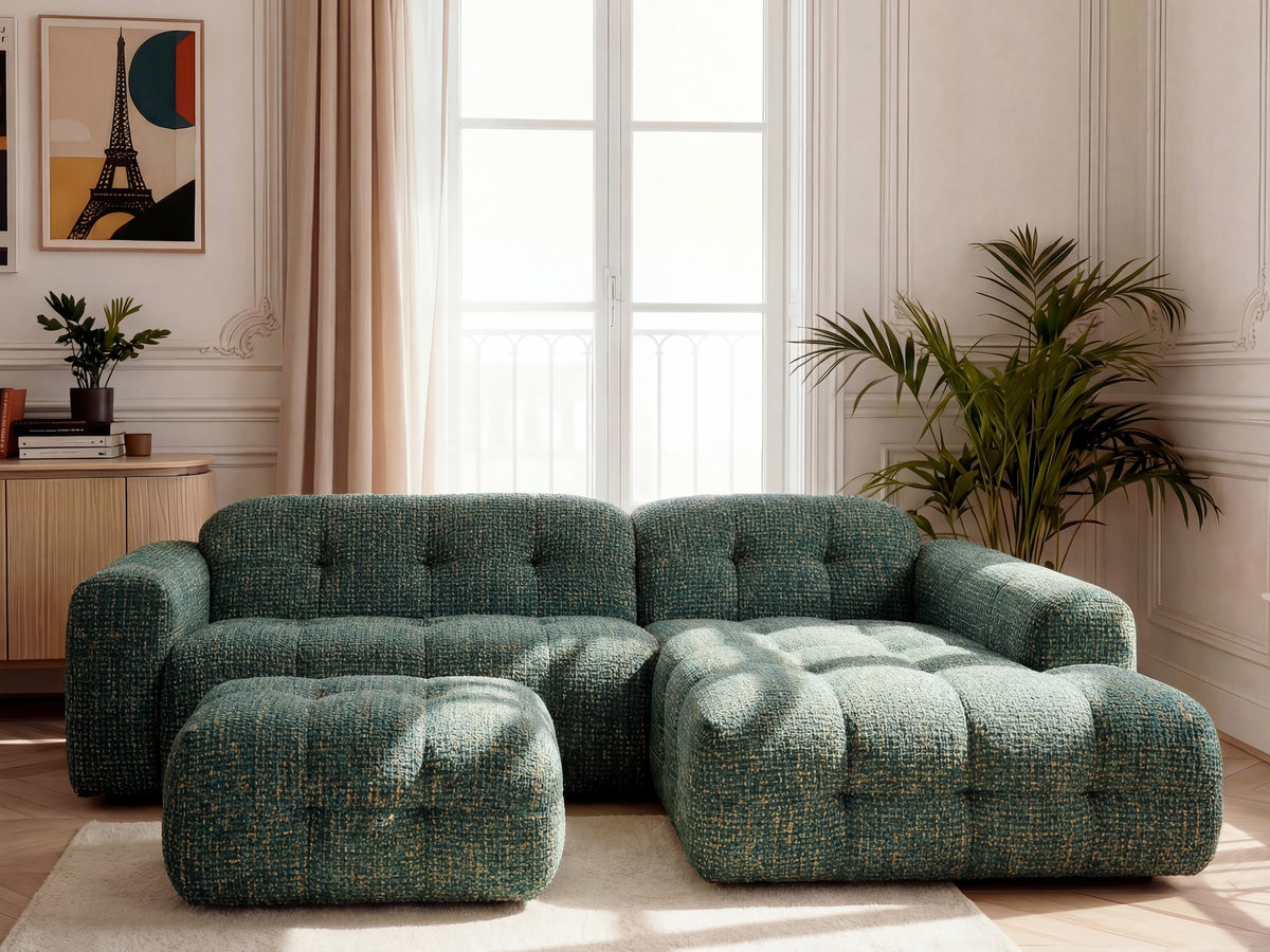 LAURA vaste hoekbank in gemęleerde stof met kleine poef