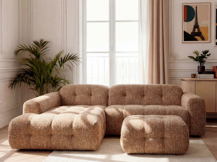 Canapé d'angle fixe LAURA tissu chiné avec petit pouf