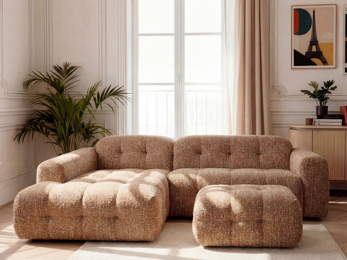 LAURA vaste hoekbank in gemęleerde stof met kleine poef