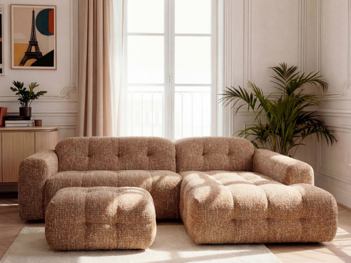 Canapé d'angle fixe LAURA tissu chiné avec petit pouf