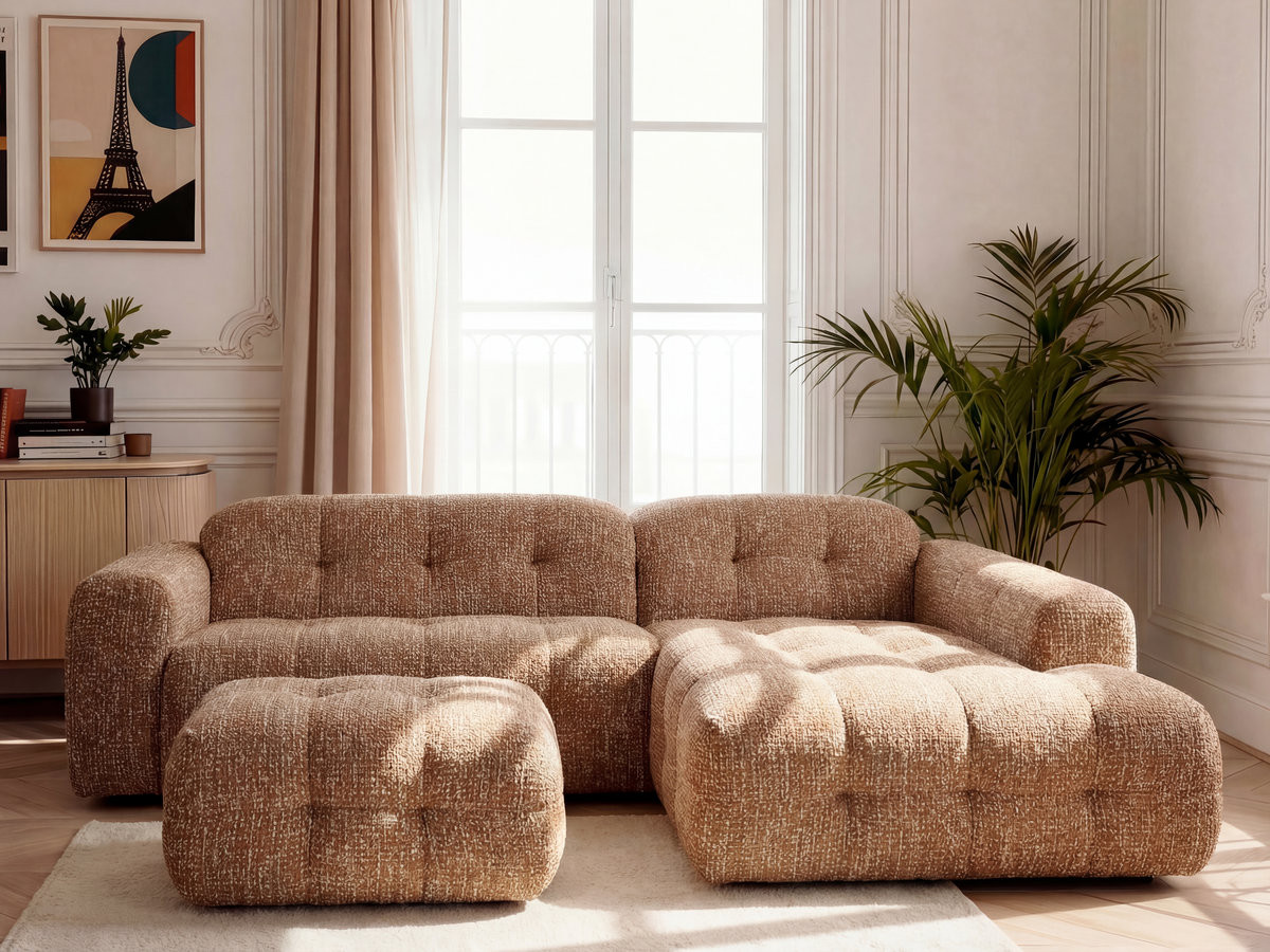 Canapé d'angle LAURA chiné avec petit pouf orange