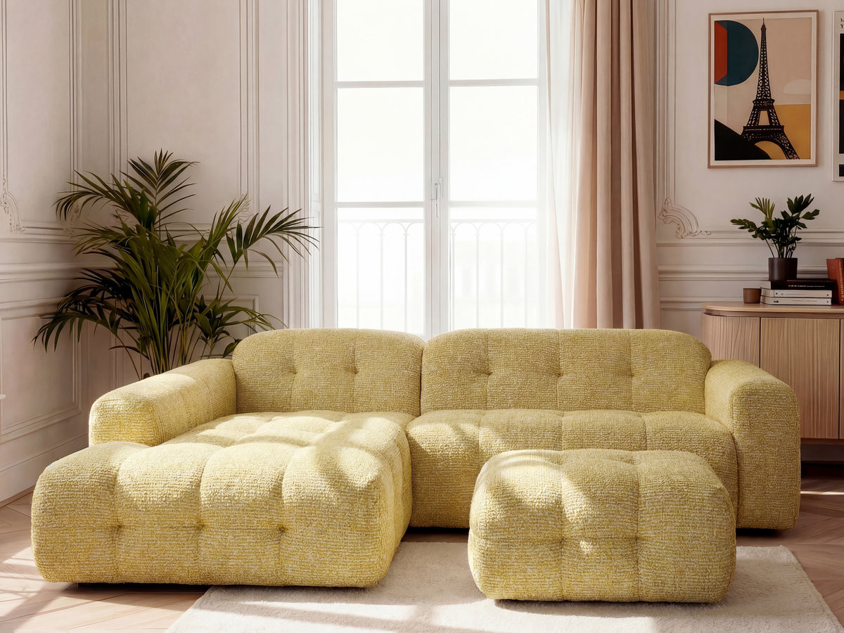 LAURA vaste hoekbank in gemęleerde stof met kleine poef