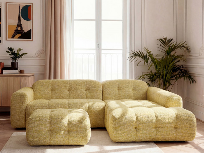 Canapé d'angle fixe LAURA tissu chiné avec petit pouf