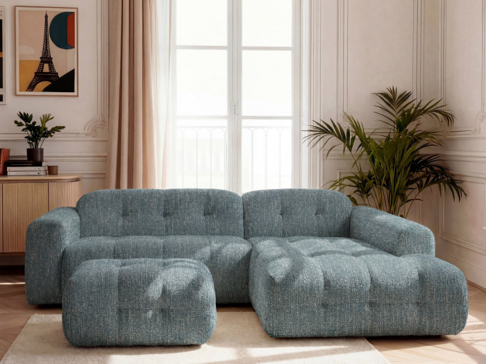 Canapé d'angle fixe LAURA tissu chiné avec petit pouf