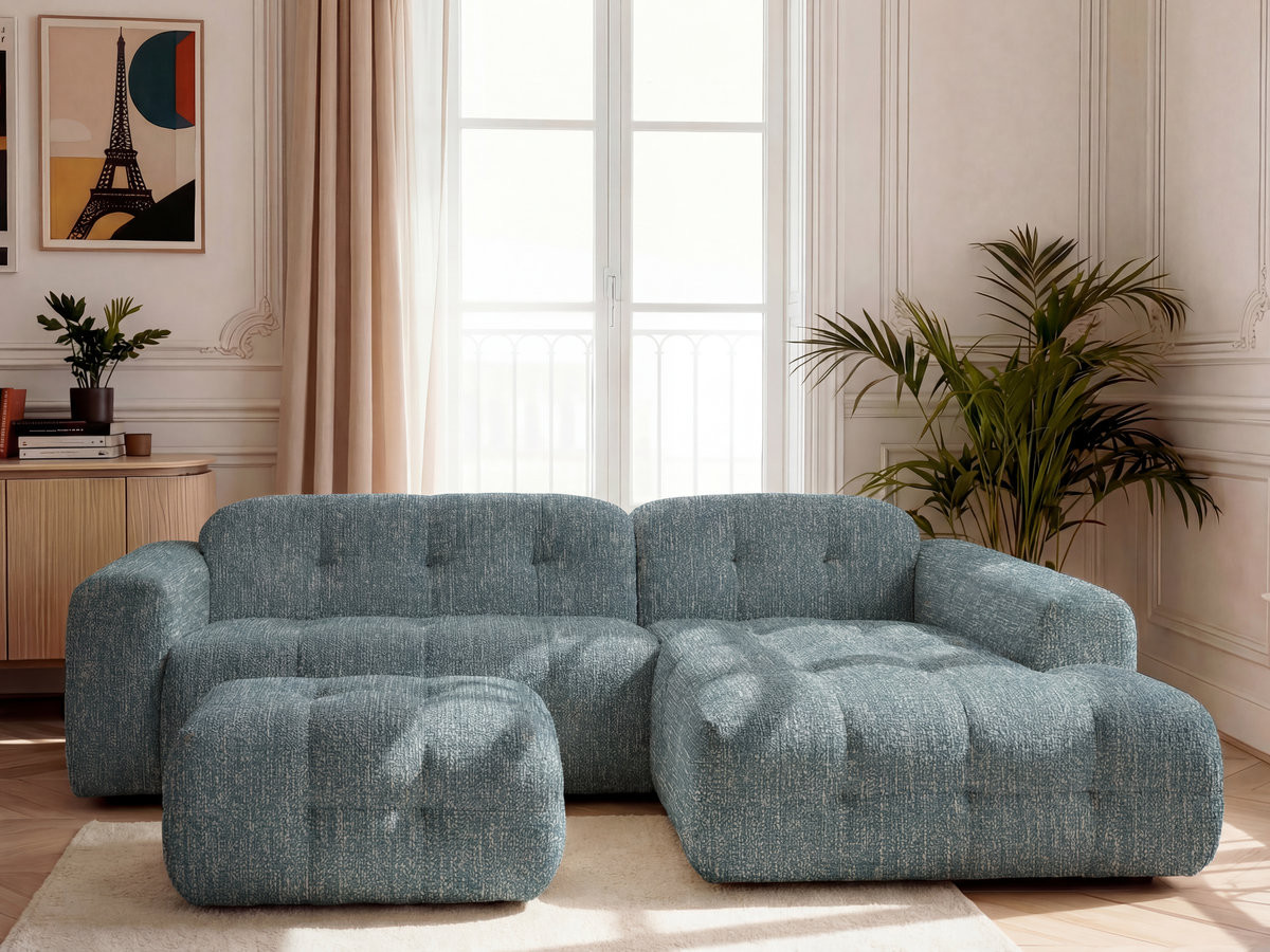 LAURA vaste hoekbank in gemęleerde stof met kleine poef