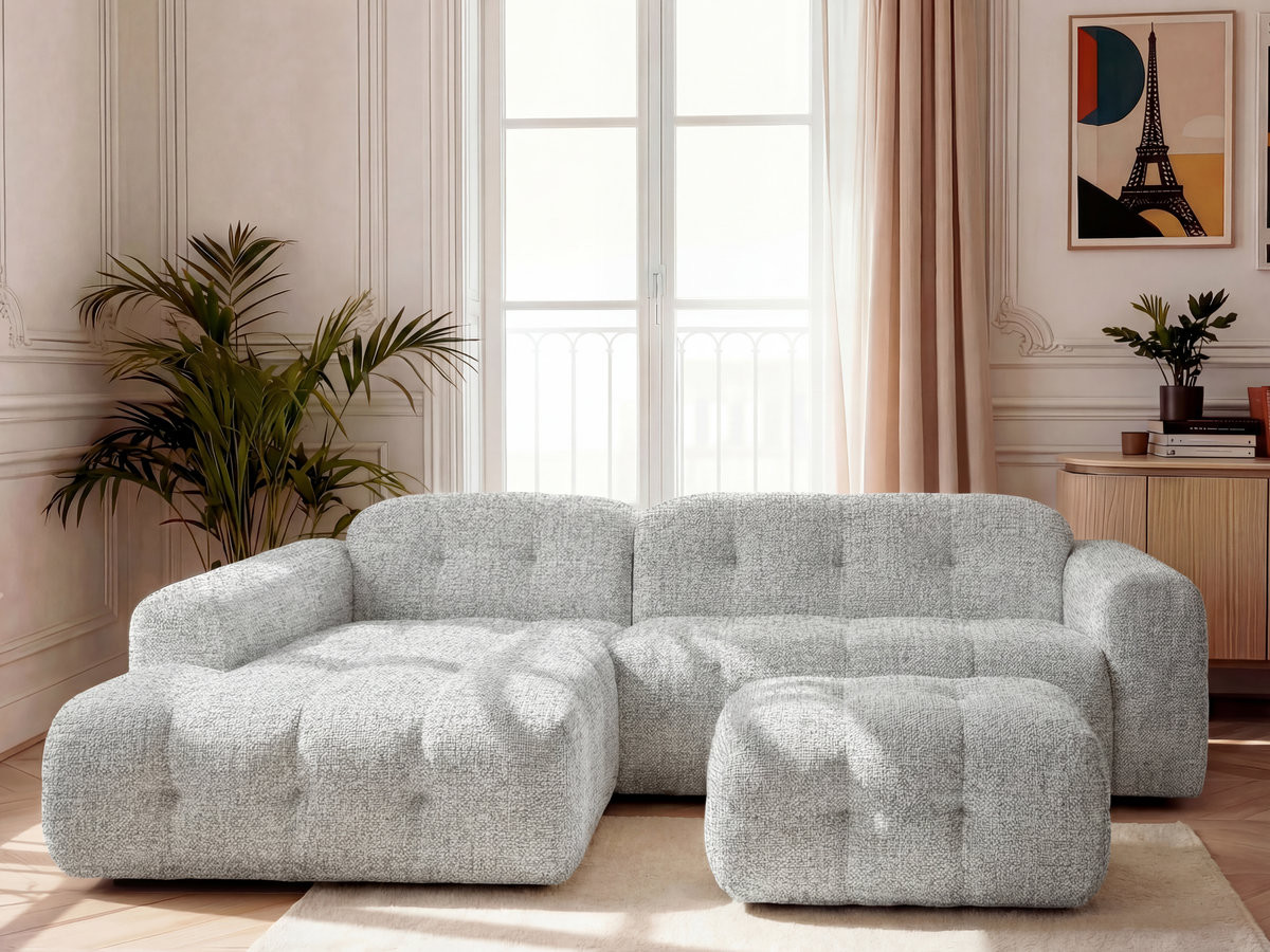 LAURA vaste hoekbank in gemęleerde stof met kleine poef