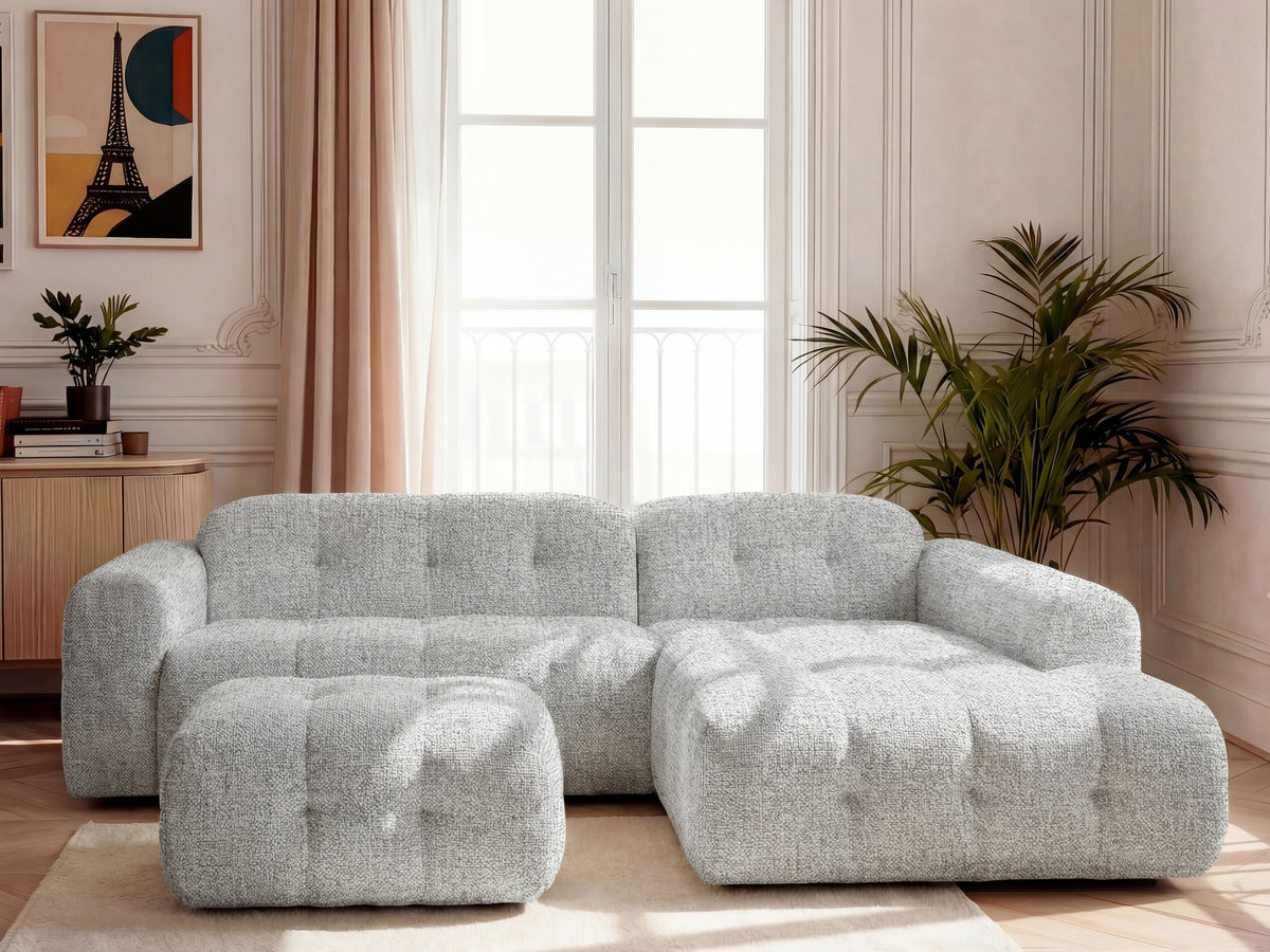 LAURA vaste hoekbank in gemęleerde stof met kleine poef
