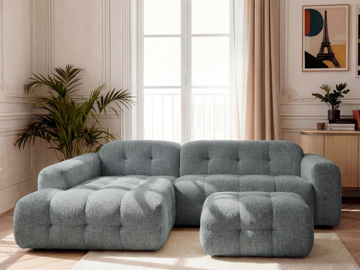 LAURA vaste hoekbank in gemęleerde stof met kleine poef