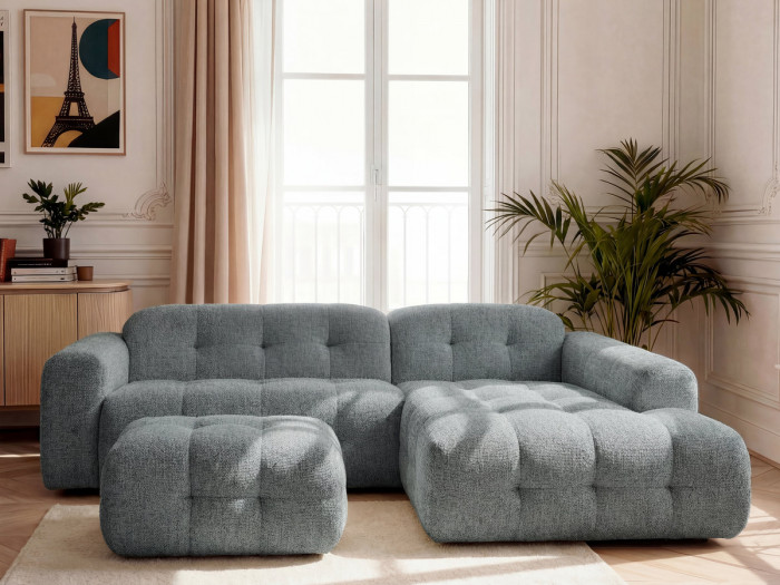 Canapé d'angle fixe LAURA tissu chiné avec petit pouf