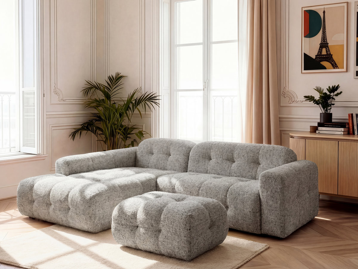 LAURA vaste hoekbank in gemęleerde stof met kleine poef