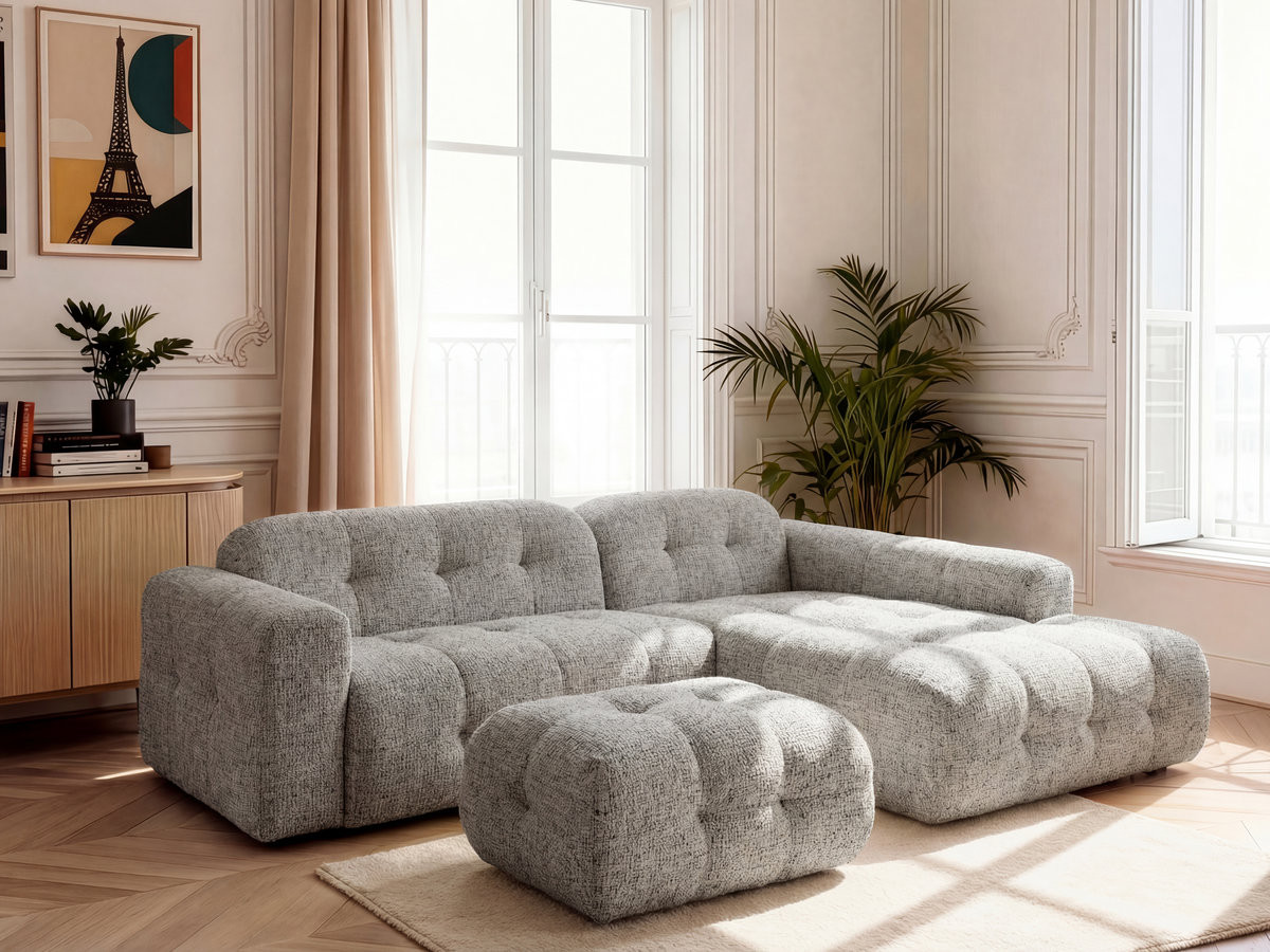LAURA vaste hoekbank in gemęleerde stof met kleine poef