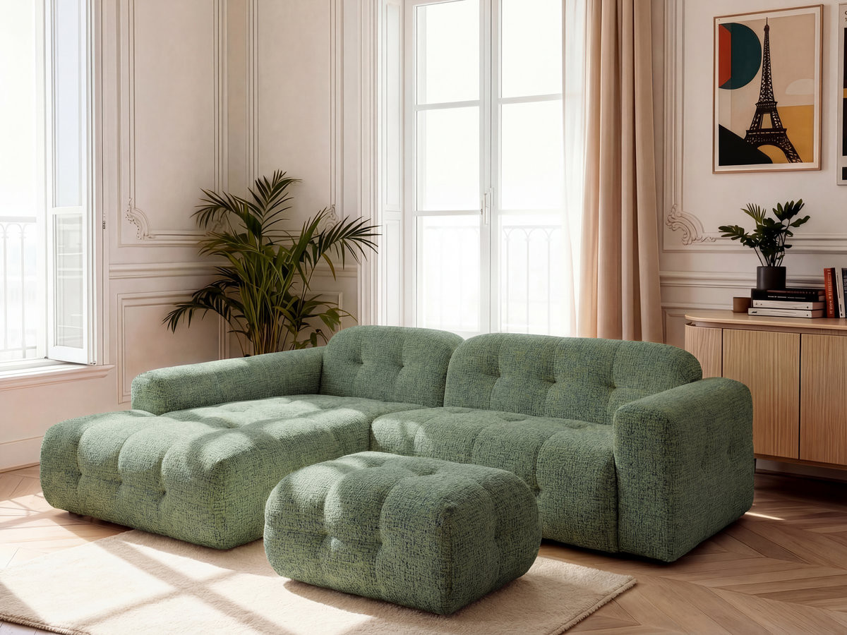 LAURA vaste hoekbank in gemęleerde stof met kleine poef