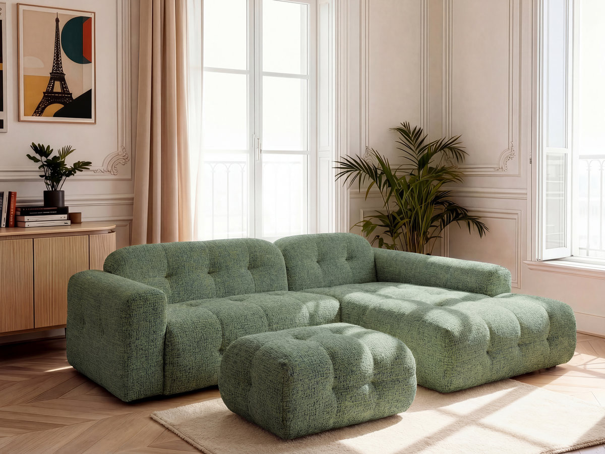 Canapé d'angle LAURA chiné avec petit pouf vert clair — vue 4