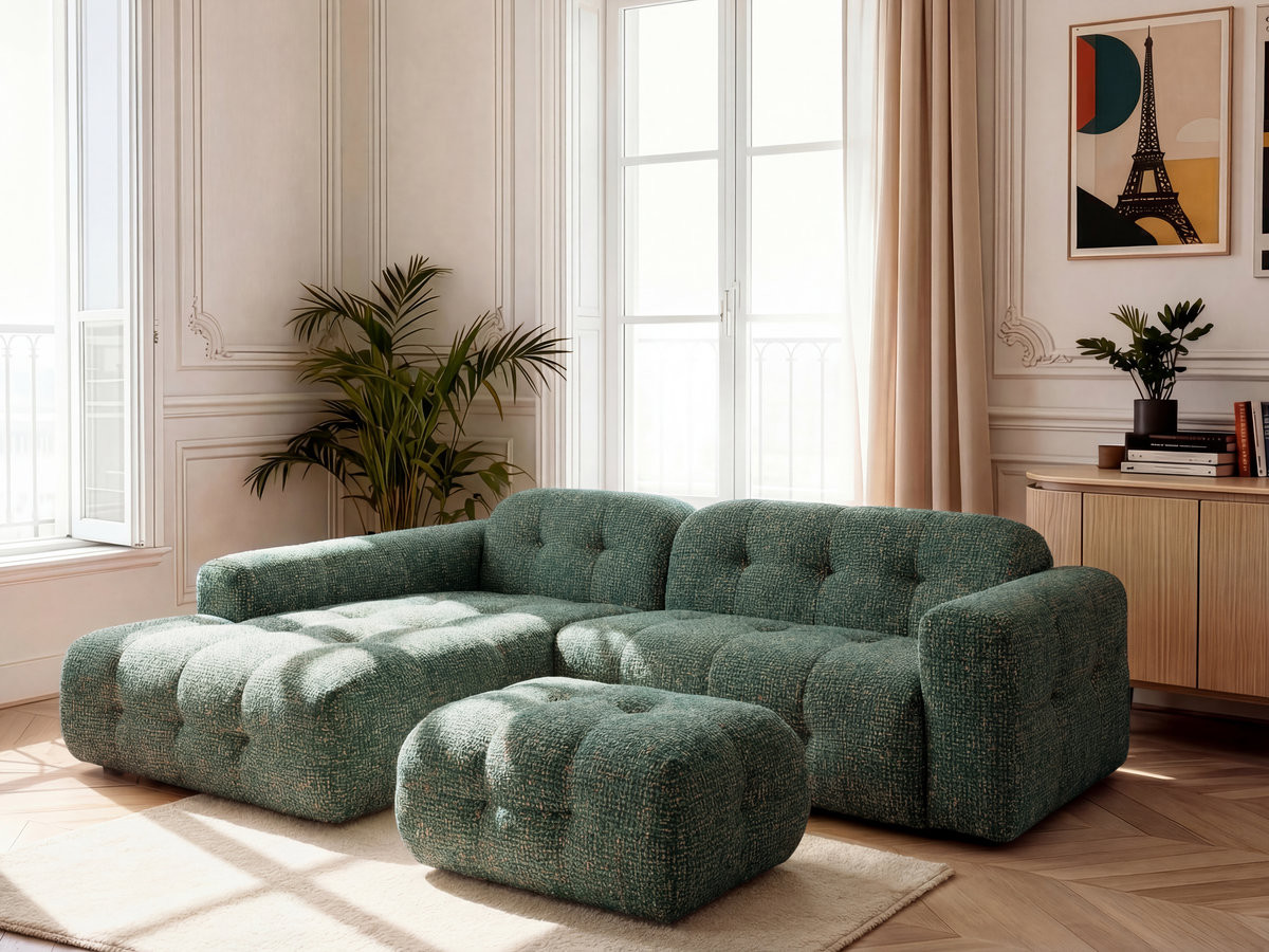 LAURA vaste hoekbank in gemęleerde stof met kleine poef