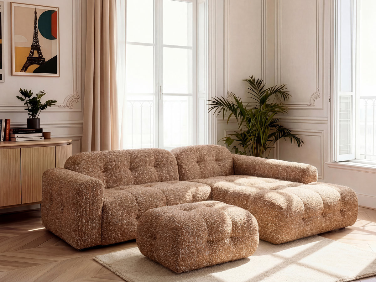 Canapé d'angle fixe LAURA tissu chiné avec petit pouf